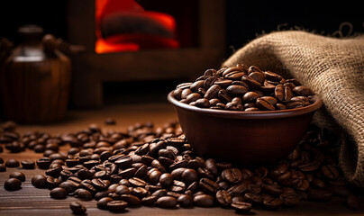 Wall Mural - Brown Roasted Coffee Beans Closeup On Dark Background on wooden table, fresh delicious coffee copy space