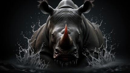 Sticker - A rhino in the water with a red horn. Generative AI image.