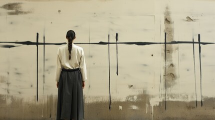 Poster - A woman standing in front of a wall with lines painted on it. Generative AI image.