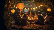  A Family Gathering Under A Brightly Lit Lantern-decorated Garden During The Mid-Autumn Festival Night, AI-Generated