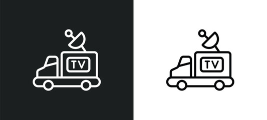 Wall Mural - media company truck with satellite outline icon in white and black colors. media company truck with 