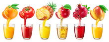 Collection Of Juice Glasses And Fresh Juice Pouring From Fruits Into The Glasses On White Background.