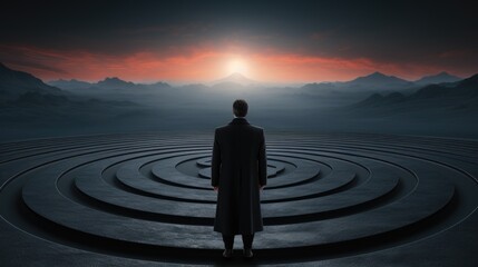 Canvas Print - A man standing in front of a circular maze. Generative AI image.