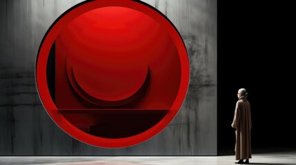 Wall Mural - A man standing in front of a red sculpture. Generative AI image.