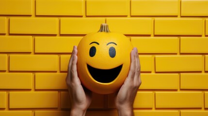 Wall Mural - A person holding a smiley face ball in front of a yellow brick wall. Generative AI image.