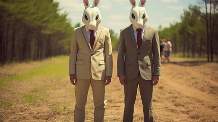 Wall Mural - Two men in suits and bunny masks standing on a dirt road. Generative AI image.