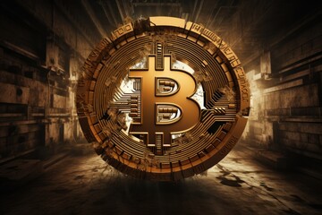 Poster - A golden bitcoin in a dark room. Generative AI image.