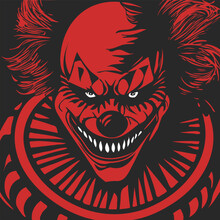 Vector Red And Black Graphic Sticker. A Scary Sinister Clown With A Menacing Look, White Teeth And Eyes. Square Icon Or Badge.