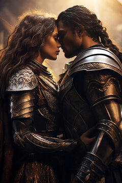 Hero warrior is kissing his princess. Wallpaper, background for romance fantasy stories or books. 