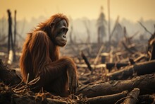 Orangutan In Deforested Area - Environmental Issue - Habitat Loss