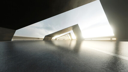Poster - View of architecture tunnel on the highway with empty asphalt road, 3d rendering.