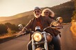© bird_saranyoo - Happy senior couple retired , Driving a motorcycle, traveling, mountain view, morning sun, created with generative ai.