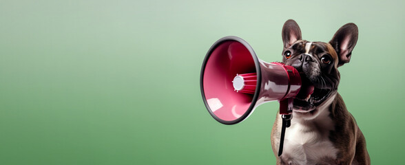 Wall Mural - Funny dog bulldog holds a loudspeaker and shouts on a green background.