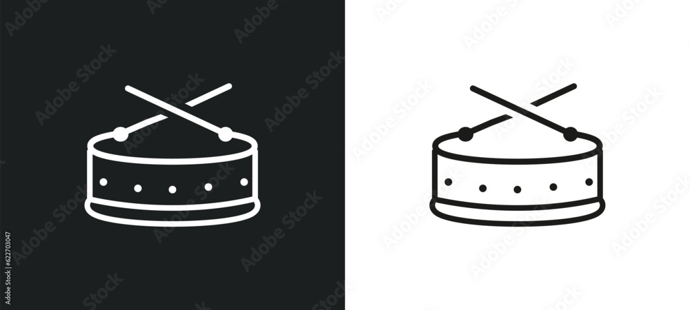 snare drum outline icon in white and black colors. snare drum flat ...