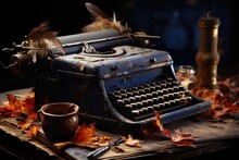 A Nostalgic Journey: Capturing The Essence Of Creativity With An Image Of A Weathered Notebook, Feather Quill, And Ink Pot, While A Classic Typewriter Lingers In The Background Generative AI