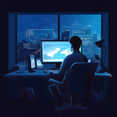 Data analyst sitting at table working, using pc, computer monitor with graphs and diagrams, flat illustration created with generative AI