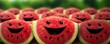 © annamaria - Smilling red fresh watermelon with black seeds in,  summer healthy food panorama. Generative Ai.