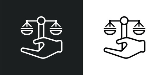 Wall Mural - justice scales in hand outline icon in white and black colors. justice scales in hand flat vector ic