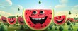 © annamaria - Smilling red fresh watermelon with black seeds in,  summer healthy food panorama. Generative Ai.