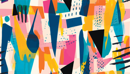 Hand drawn trendy geometric abstract print. Colorful creative collage pattern. Multicolored cartoon style illustration