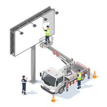 Boomlift Truck Isometric Engine Powered Scissor Lift Help Worker To Change Poster On Billboard In Advertising Business  Isolated Vector