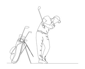 Wall Mural - Continuous line drawing of man playing golf. Single one line art concept of professional golfer swinging the stick to hit ball. Editable stroke.