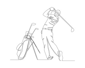 Wall Mural - Continuous line drawing of man playing golf. Single one line art concept of professional golfer swinging the stick to hit ball. Editable stroke.