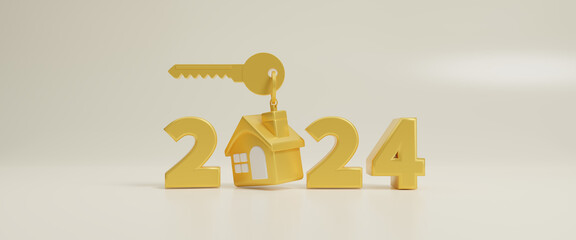 Golden house and key icon with 2024 New Year number on a yellow background. Family budget planning. Investments, plans, savings. Mortgage rates. Real estate concept for home purchase. 3d rendering