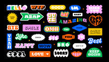 Colorful Funny Quote Sticker Set. Collection Of Trendy Retro Text Cartoon Shapes. Fun Comic Word Art And Typography Sign Bundle. Includes Motivation Lettering Design, Love Label, Chat Reaction.