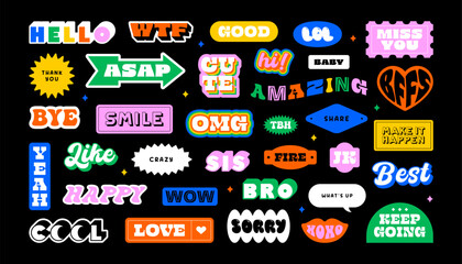 colorful funny quote sticker set. collection of trendy retro text cartoon shapes. fun comic word art