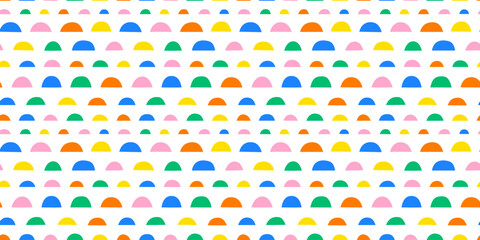 Fun colorful geometric shape seamless pattern. Creative abstract children style art background for kid education or trendy design with playful geometry shapes. Simple childish wallpaper texture.