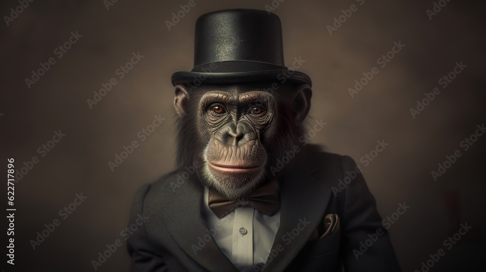 A monkey wearing a bowler hat and bow tie. Monkey in a very chic suit ...