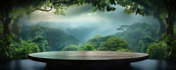 Wall Mural - Monsoon rainforest full of green nature with wooden scale table, panorama. Generative Ai.