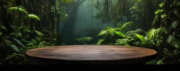 Wall Mural - Monsoon rainforest full of green nature with wooden scale table, panorama. Generative Ai.