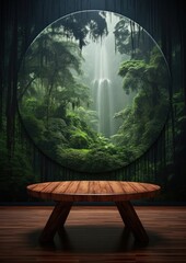 Wall Mural - Monsoon rainforest full of green nature with wooden scale table, panorama. Generative Ai.