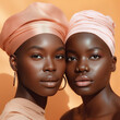A stunning portrait of two diverse women radiating beauty and friendship, their different skin tones uniting to create a powerful statement of unity across races