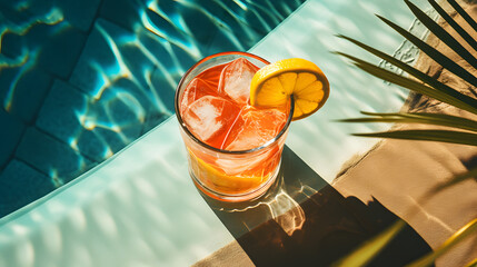 Wall Mural - summer cocktail with lemon and ice next to swimming pool and blue sky background.