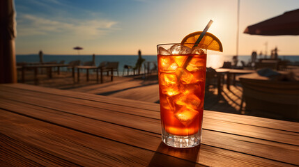 Wall Mural - Alcoholic cocktail with ice and lemon or Glass of orange lemonade with ice and mint on the background of the sea and blue sky