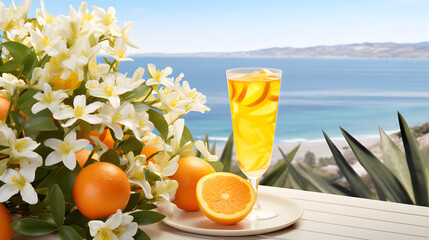 Wall Mural - Alcoholic cocktail with ice and lemon or Glass of orange lemonade with ice and mint on the background of the sea and blue sky