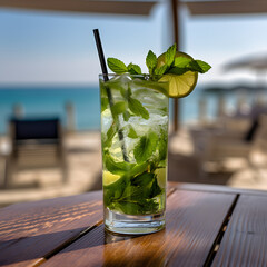 Wall Mural - Mojito cocktail with lime, mint and ice on the beach