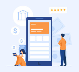 Huge phone with banking app on screen vector illustration. Cartoon drawing of online banking service application, happy woman using app on tablet. Mobile banking, payment, technology concept