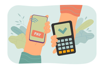 Wall Mural - Hands holding phone and payment terminal vector illustration. Drawing of customer using smartphone for contactless payment, convenience and safety of using mobile bank. Payment, technology concept