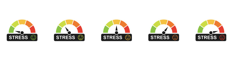 Stress level meter icon set. Emotion overload, burnout and fatigue from work. Stress regulation, safe health. Stress level meter gauge emotion stages. Vector illustration