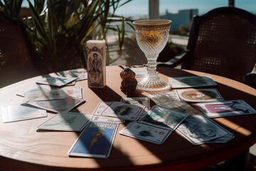 Wall Mural - On the table are a lot of different tarot cards and a glass of wine. Selective focus.