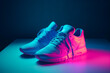 A pair of sneakers over a counter on a dark blue background with pink lights