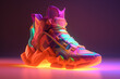 Futuristic neon sneaker shoe design isolated on a dark purple background