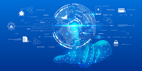 Leinwandbilder - Cyber security of futuristic low poly wireframe hand pressing hud ui circle protection system concept. Future technology online shopping, shield, padlock, wifi protection vector background.