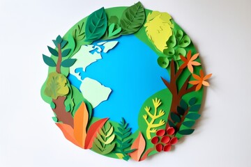 Wall Mural - Planet earth surrounded by trees and nature. Child like paper cut out illustration