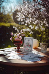 Wall Mural - Vintage still life with tarot cards, apple and cherry blossoms. selective focus.