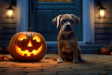 Poster - dog sits at door of house with scary halloween pumpkins.